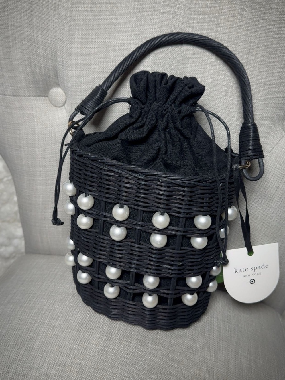 Kate spade ♠️ New York Black Pearl-Embellished Wicker Bucket Bag - Picture 2 of 3